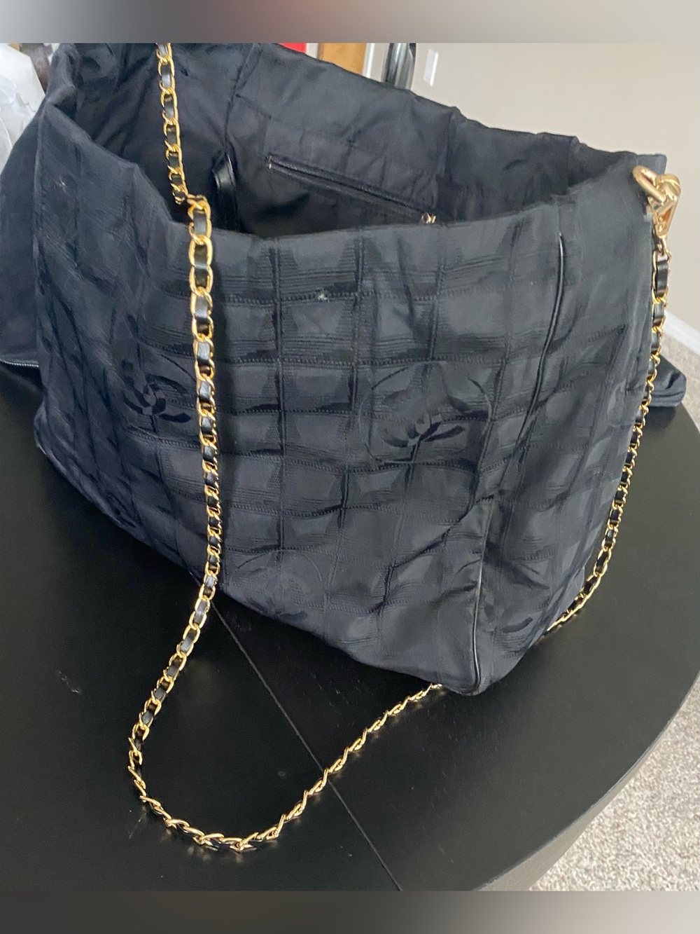 CHANEL Black Quilted Nylon Shoulder Bag with Chain-Trim Strap